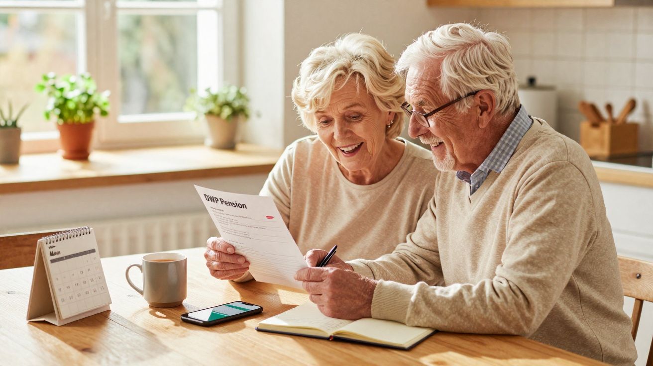 Casal sénior sentado à mesa, analisando documentos e sorrindo numa cozinha iluminada.