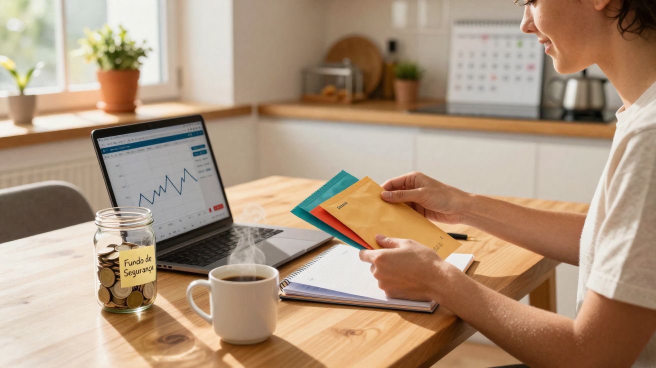Pessoa a organizar envelopes coloridos numa mesa com computador, caderno, jarro de moedas e chávena de café.
