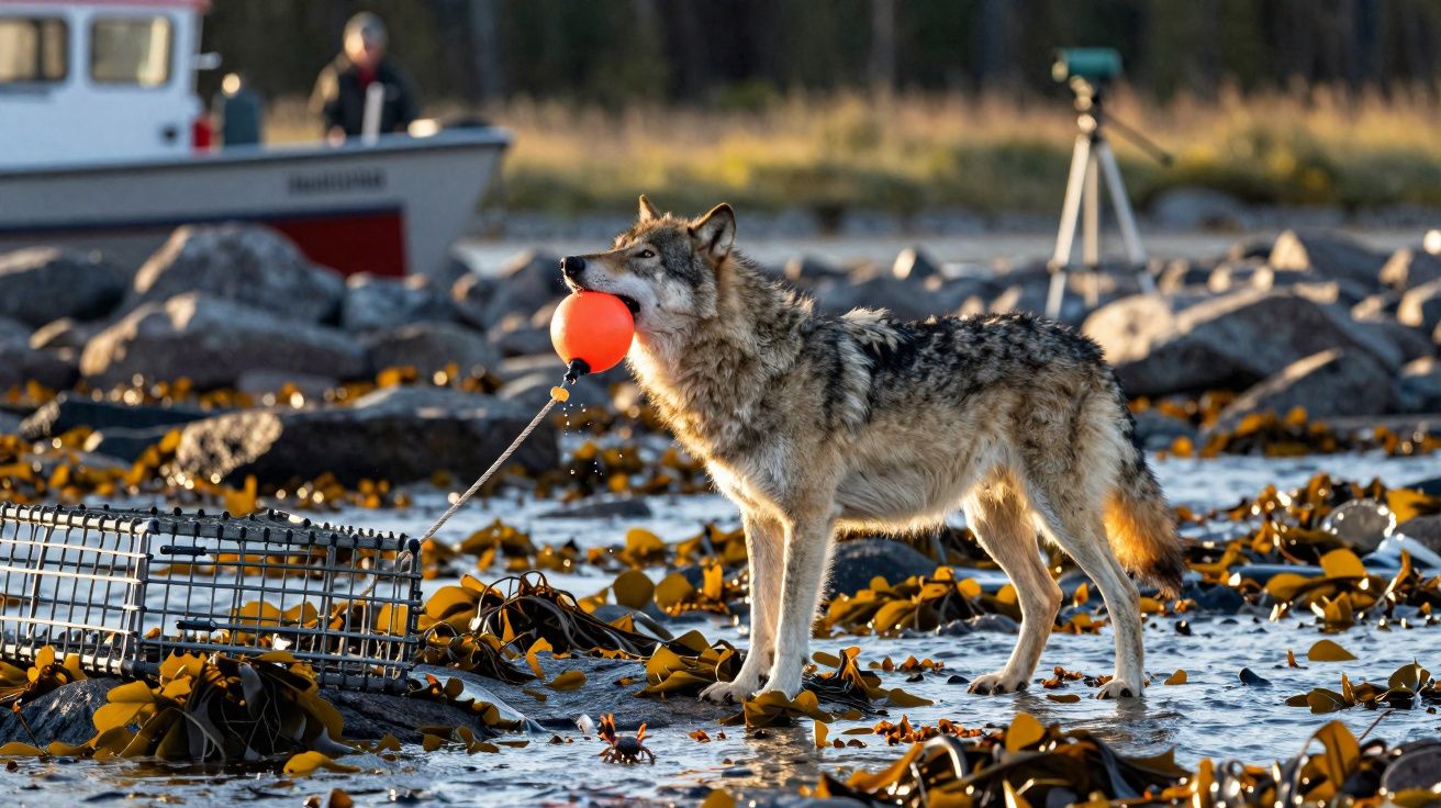 Lobo junto à água segurando bóia vermelha presa a armadilha de metal com barco ao fundo.
