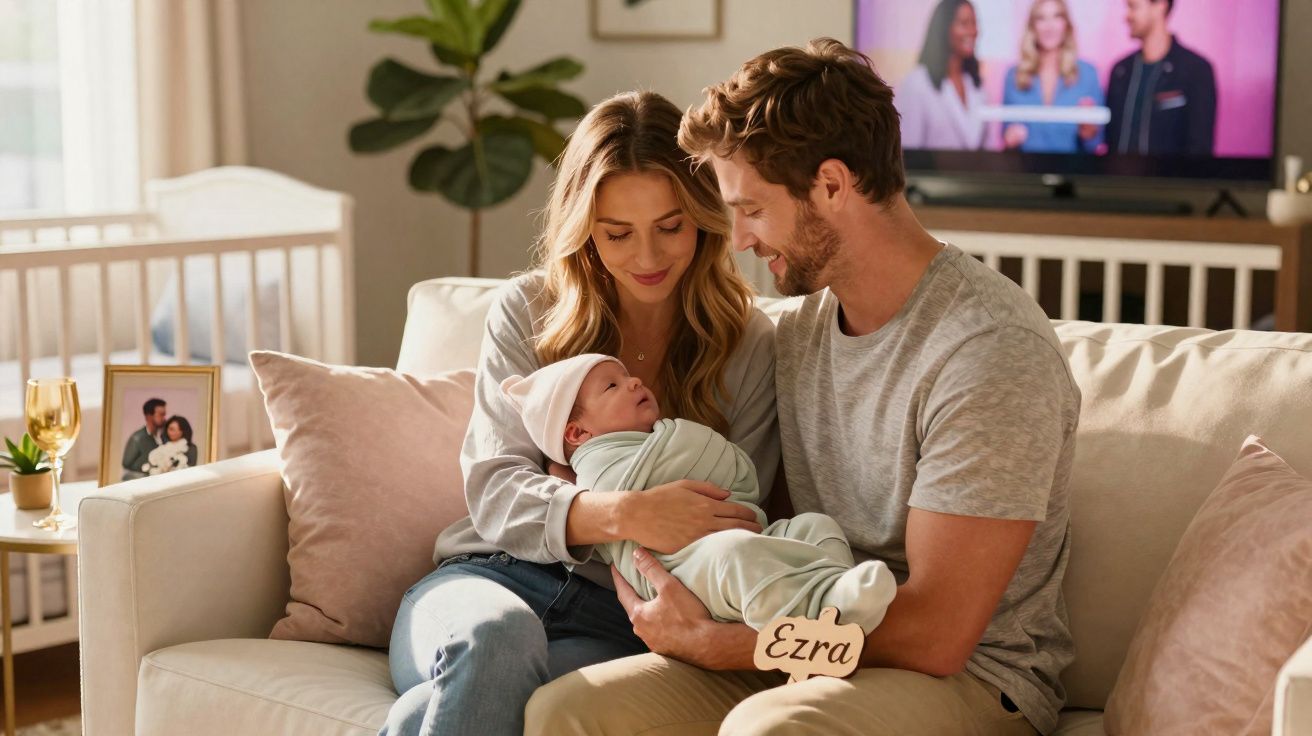 Casal sentado no sofá a sorrir e segurar um bebé recém-nascido envolto em manta verde clara.