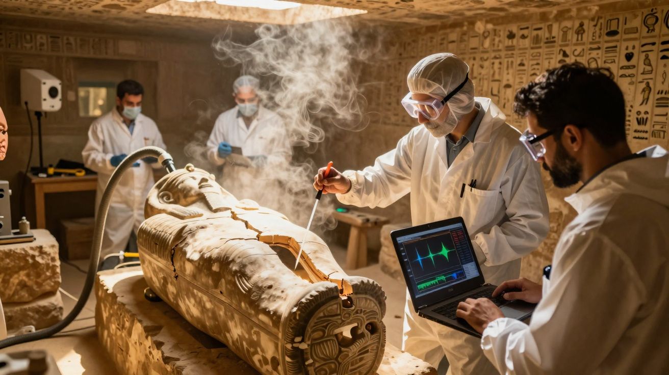 Equipas de arqueólogos em laboratório a analisar um sarcófago antigo com tecnologia avançada.