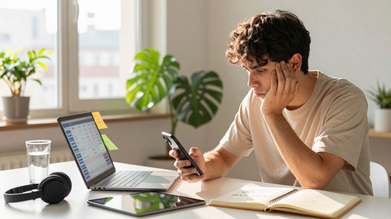 Jovem sentado numa mesa de trabalho com laptop, tablet, caderno e a olhar para o telemóvel.