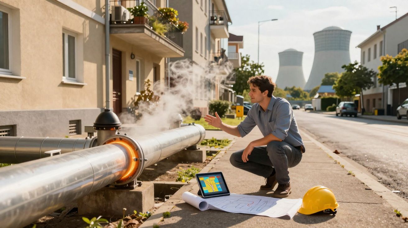 Engenheiro examina conduta de vapor com plantas, tablet e capacete amarelo numa rua urbana residencial.