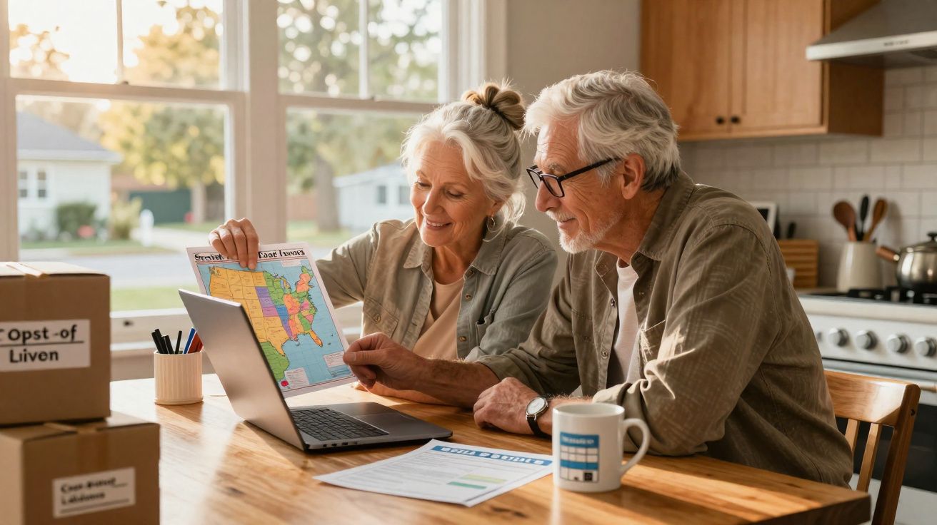 Casal sénior planeia viagem em casa, consultando mapa e laptop na cozinha iluminada.