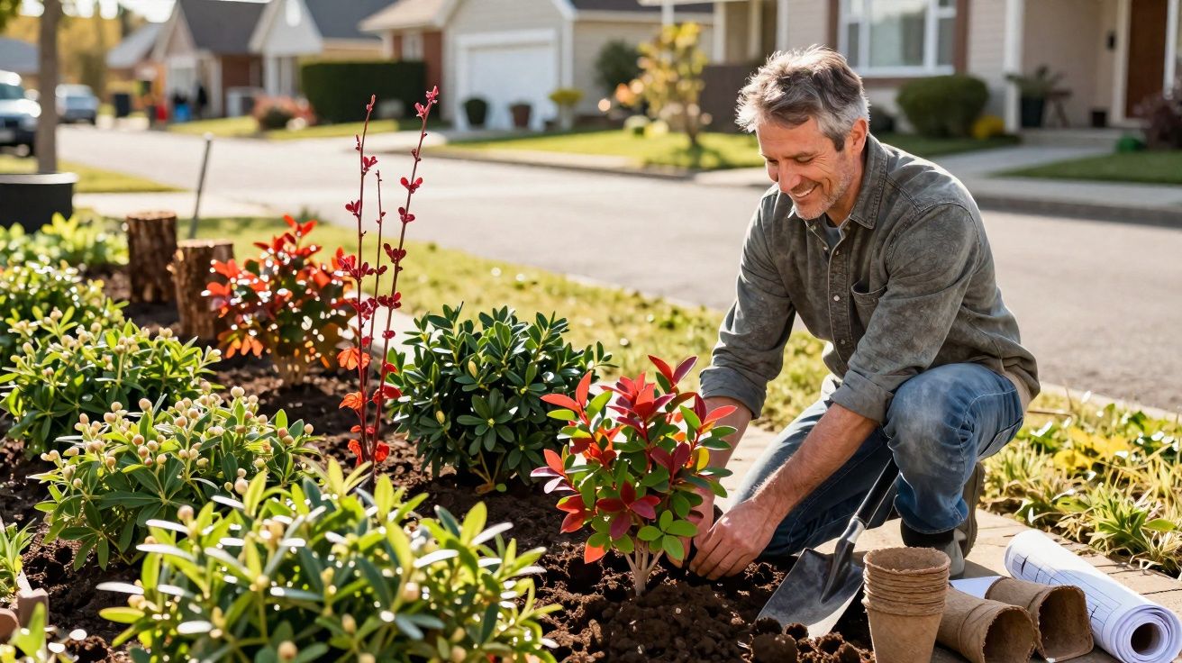 Homem sorridente a plantar arbusto num jardim de bairro residencial ensolarado.