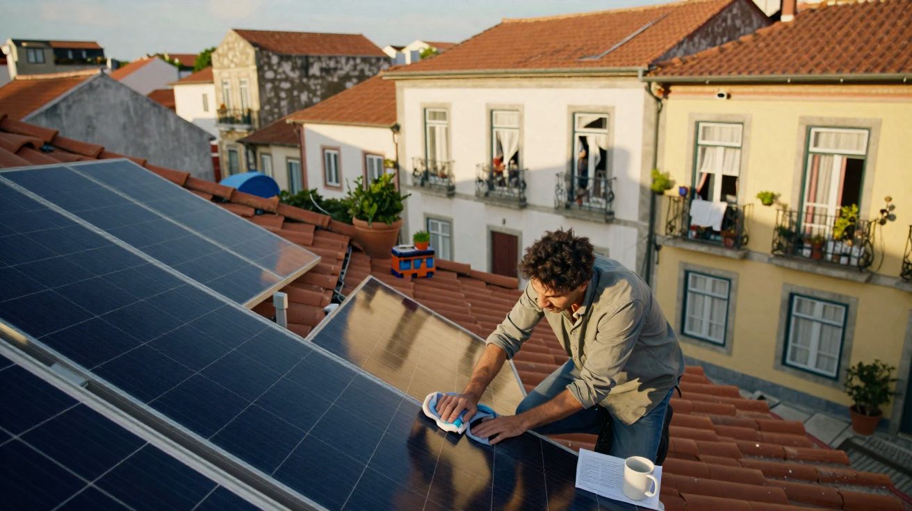 Homem limpa painéis solares num telhado em área urbana com casas tradicionais à volta ao entardecer.
