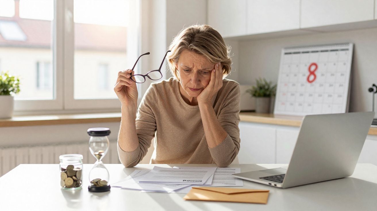 Mulher preocupada analisa documentos sentada à mesa com computador portátil e jarra de moedas em casa.