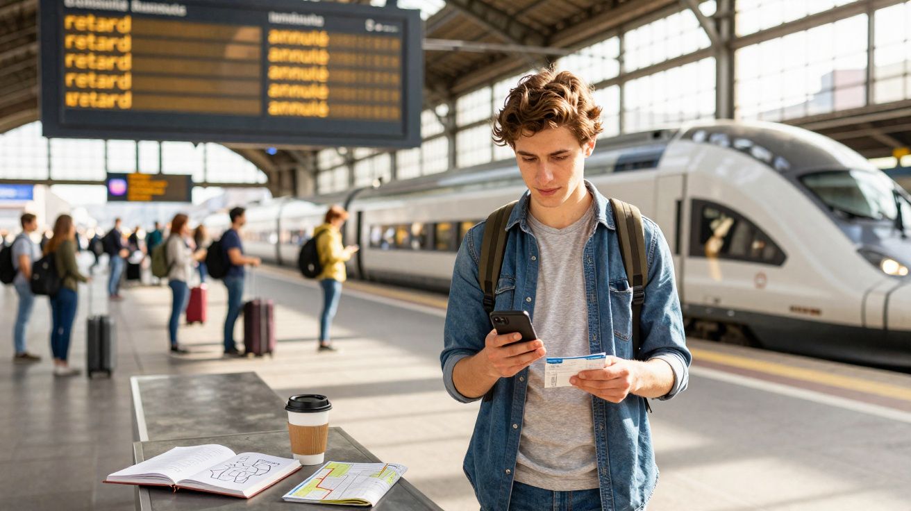 Jovem espera no apeadeiro da estação de comboios, segurando bilhete e telemóvel, com comboio e passageiros ao fundo.
