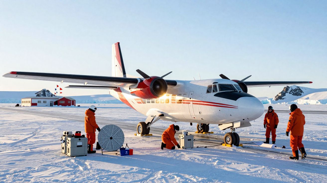 Avião branco com vermelhos estacionado na neve enquanto quatro pessoas em fatos laranja trabalham à volta dele.
