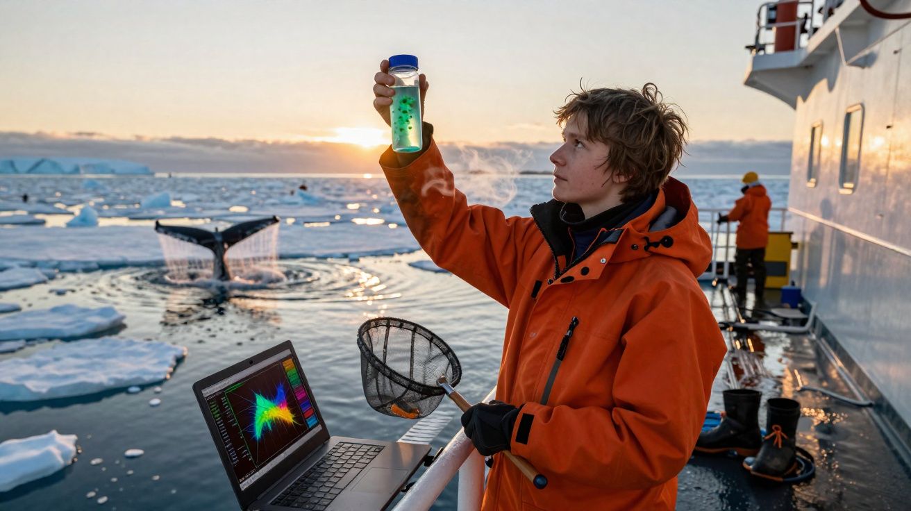 Investigador com casaco laranja analisa amostra em frasco num barco rodeado de gelo polar ao pôr do sol.