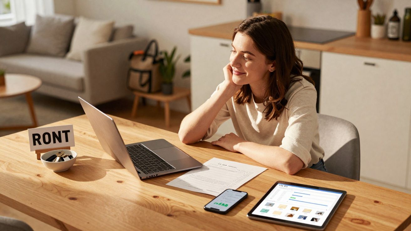 Mulher sentada à mesa sorrindo, com computador, tablet e smartphone à sua frente numa sala clara.