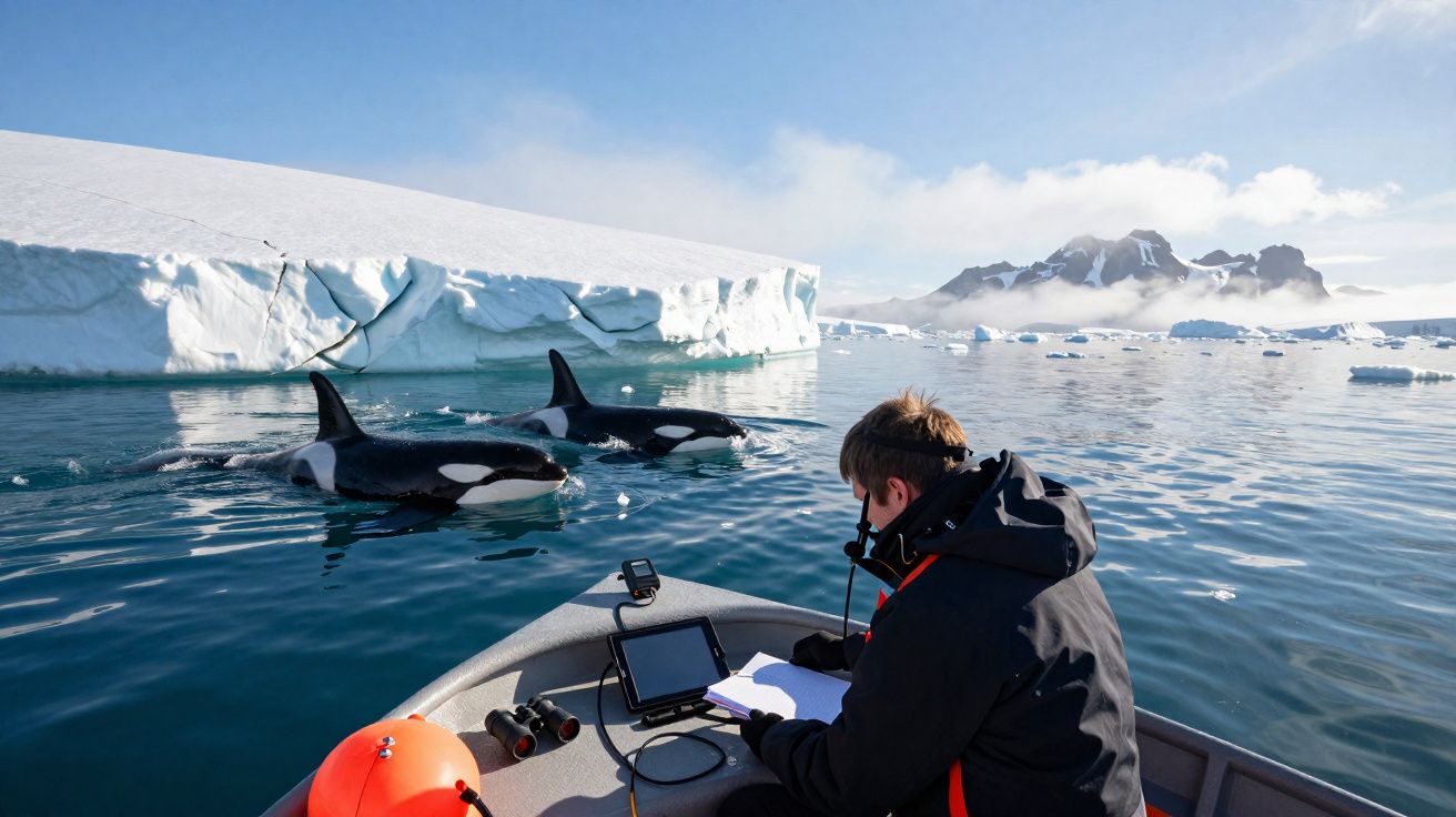 Pessoa num barco a observar e anotar dados sobre duas orcas perto de um icebergue em mar gelado.