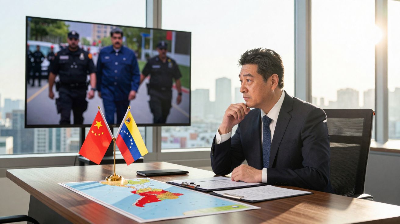 Homem de fato sentado à secretária com bandeiras da China e Venezuela e mapa, a ver ecrã com homem escoltado por polícias.