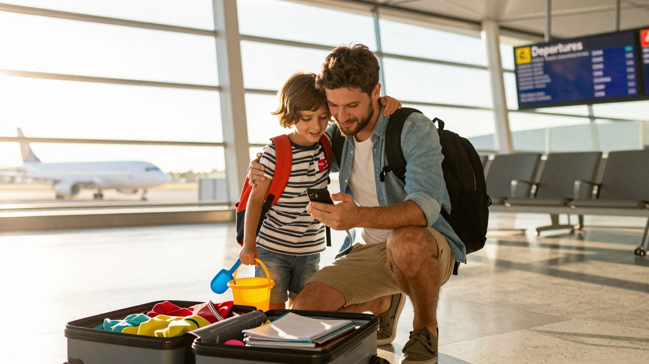 Pai e filho com mochilas, a olhar para o telemóvel junto a uma mala aberta no aeroporto.