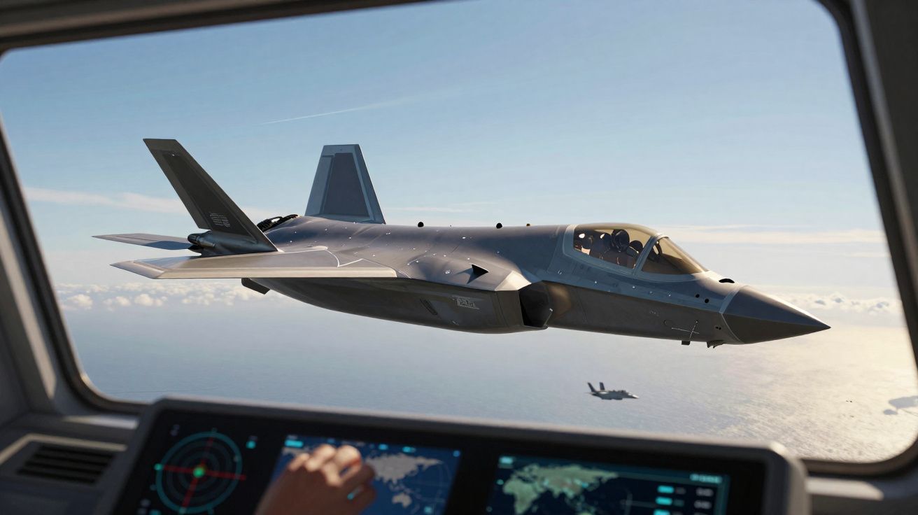 Avião militar furtivo cinzento visto através da janela de uma cabine de comando com ecrãs digitais.