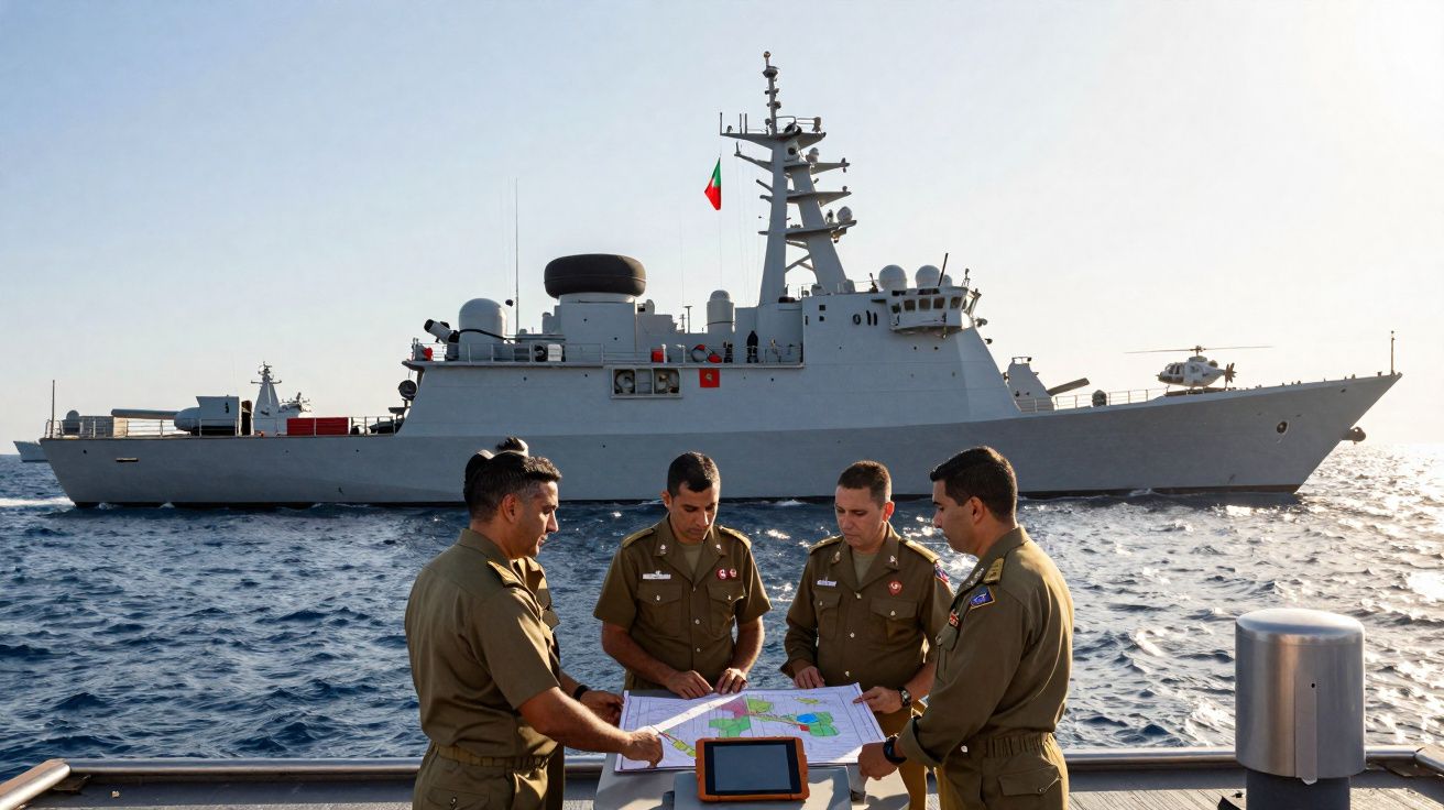Quatro militares portugueses planeiam operações navais com mapa a bordo, com navio de guerra ao fundo no mar.