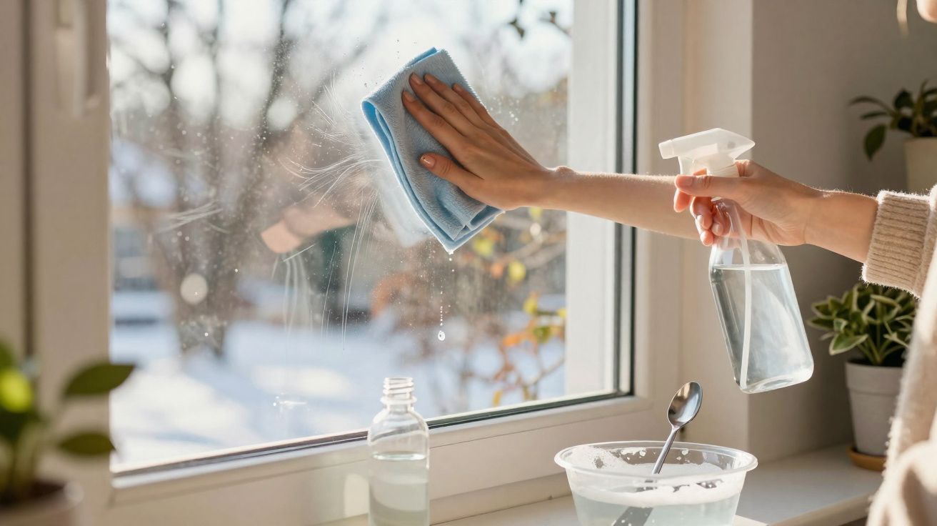 Mão a limpar janela com spray e pano azul, luz natural, plantas em frente à janela.