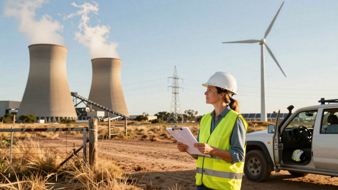 Engenheira com capacete e colete refletor observa central elétrica com turbinas eólica e torres de refrigeração.