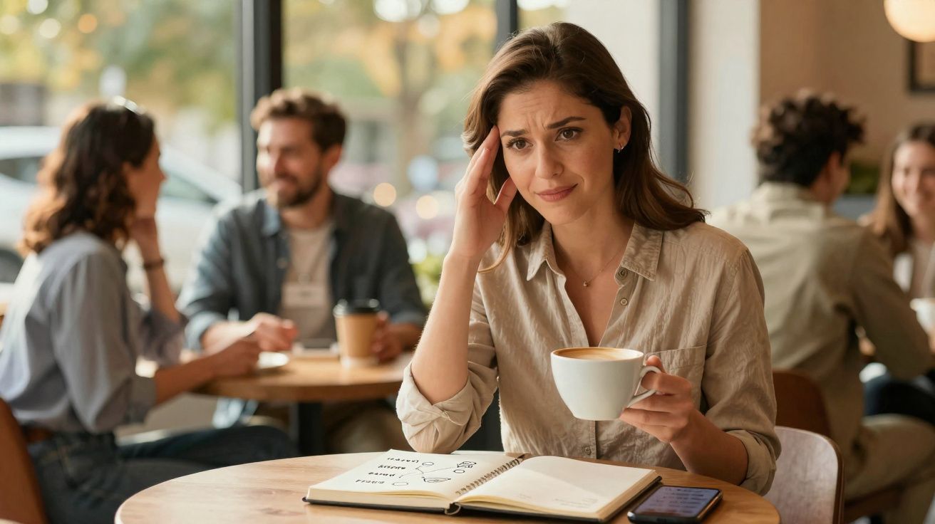 Mulher com expressão preocupada segurando uma chávena num café, com caderno e telemóvel na mesa.