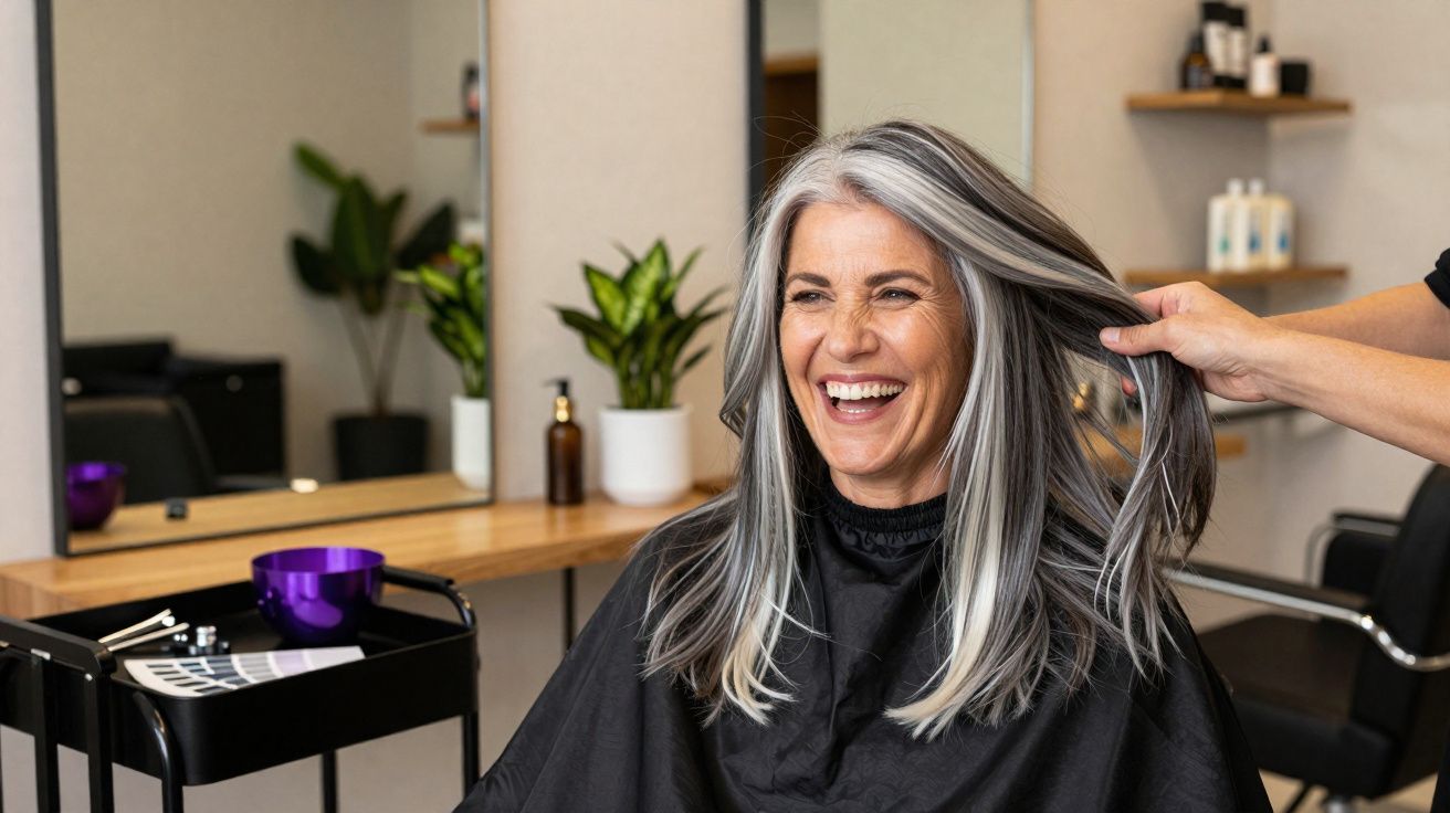 Mulher sorridente com cabelo grisalho a ser cuidada num salão de cabeleireiro.