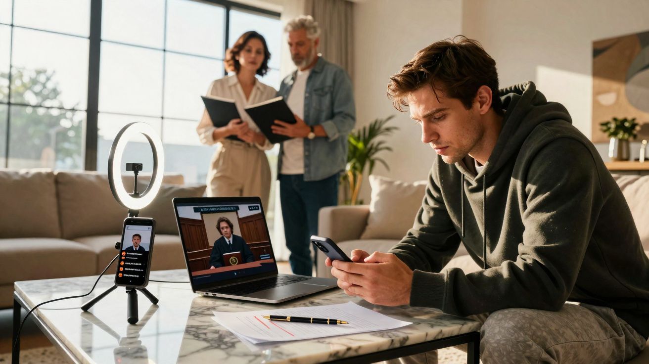Jovem sentado a usar telemóvel, enquanto casal revisa documentos num sofá com computador e ring light na mesa.
