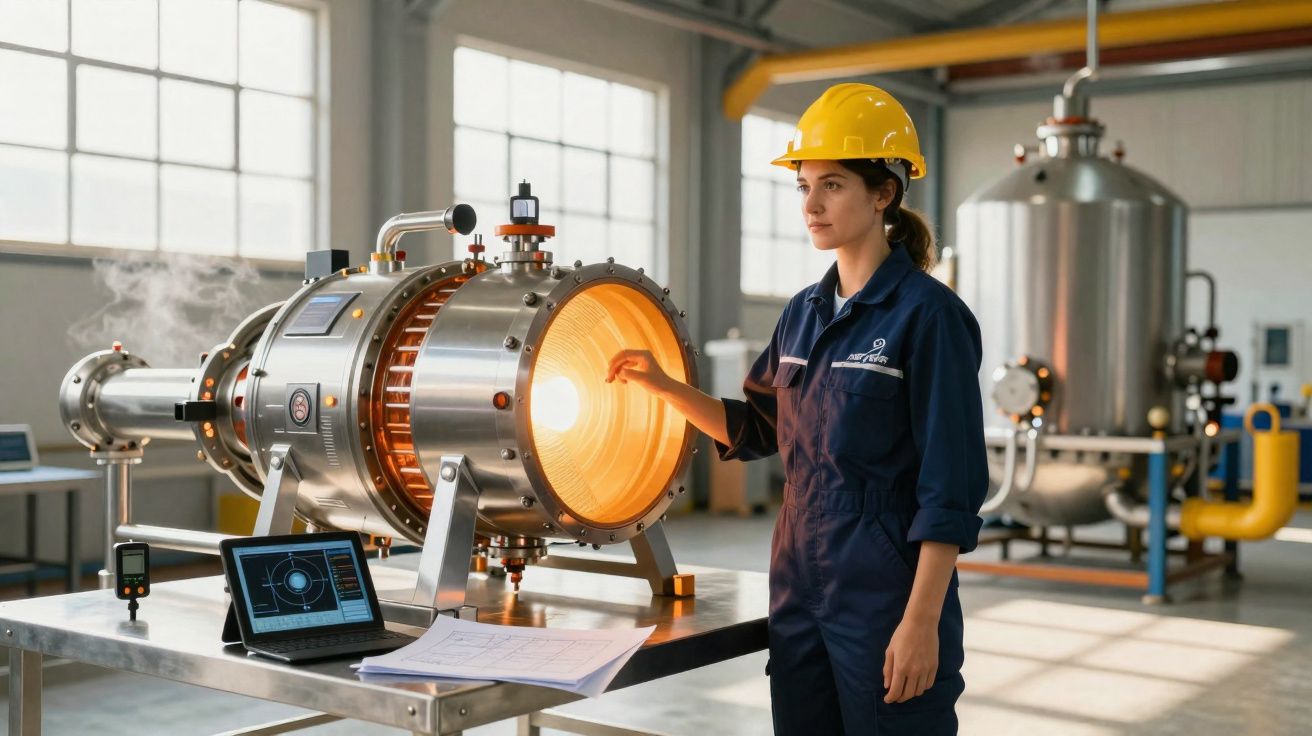 Mulher com capacete amarelo inspeciona equipamento industrial brilhante numa fábrica moderna.