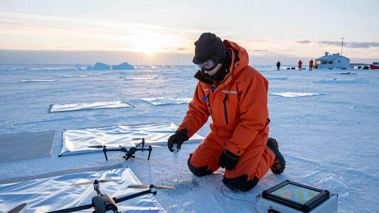 Pessoa em fato térmico laranja a ajustar drones sobre gelo numa paisagem congelada ao pôr do sol.