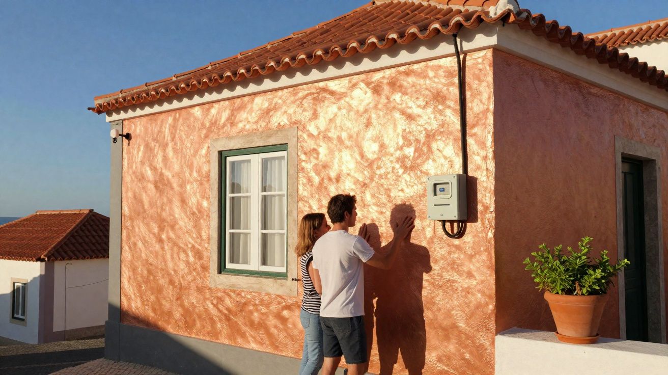 Casal jovem observa contador elétrico numa casa com parede cor de cobre sob céu azul claro.