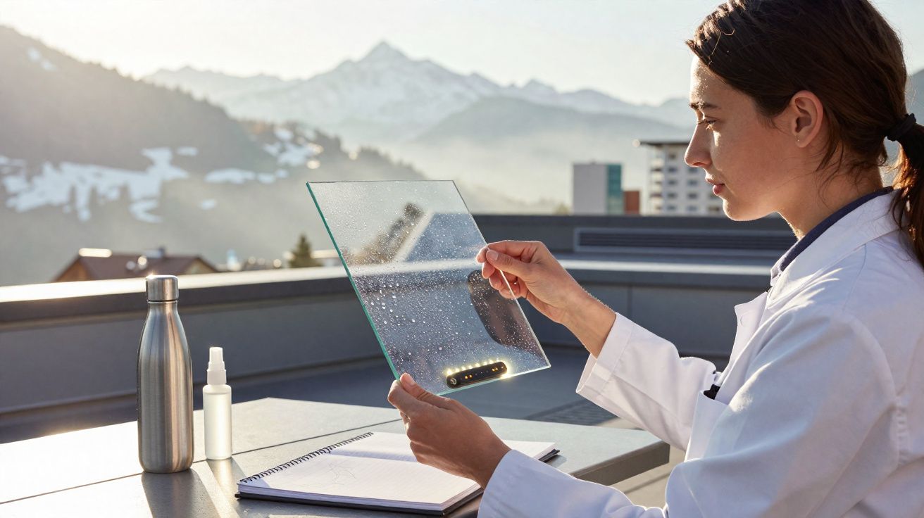 Cientista em bata branca analisa painel solar transparente na varanda com montanhas ao fundo.