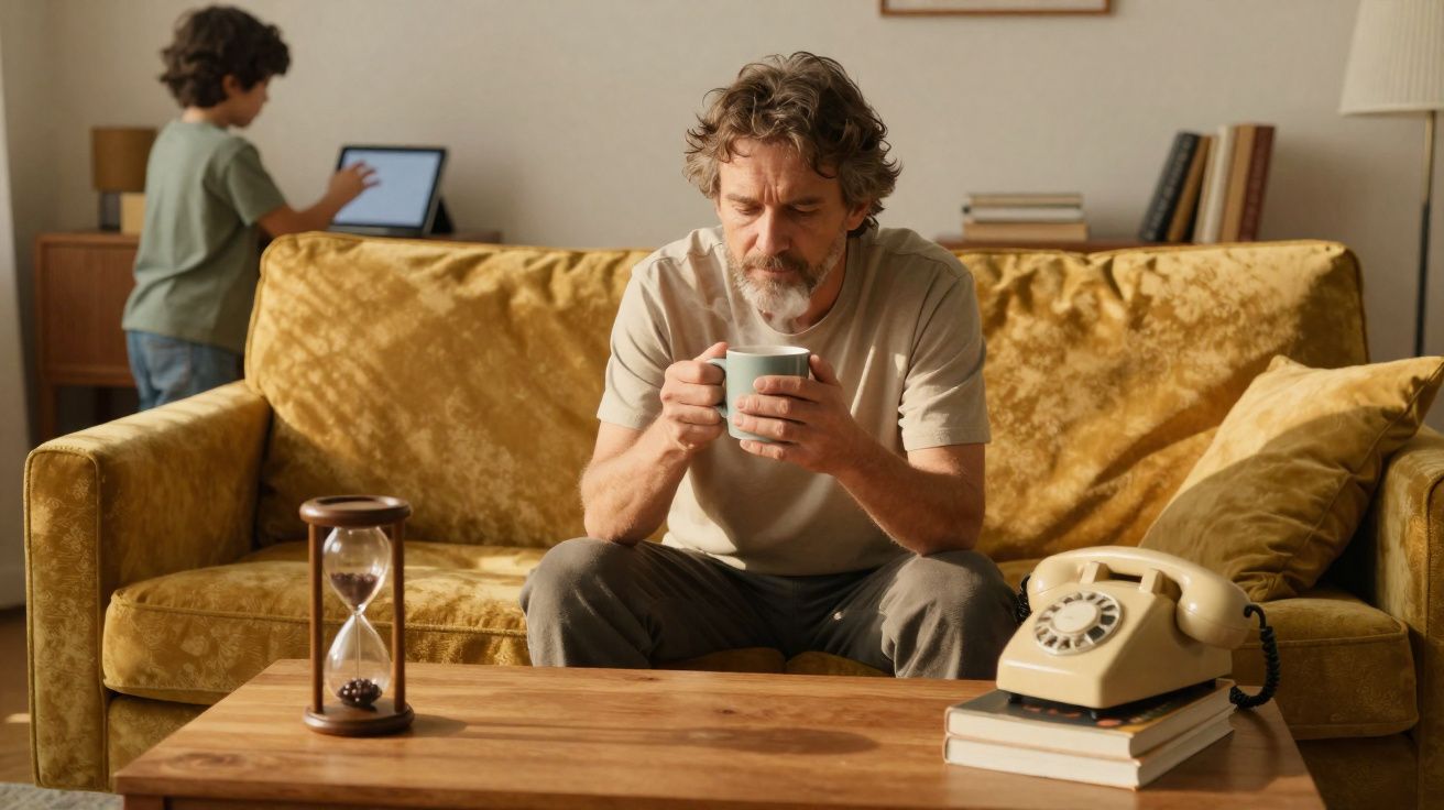 Homem sentado num sofá castanho a segurar uma chávena, com criança a usar tablet ao fundo.