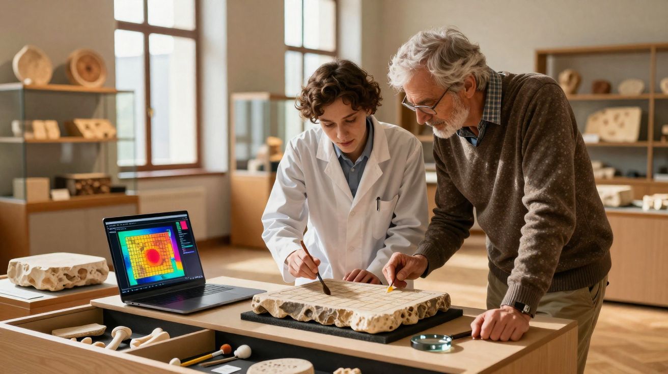 Dois cientistas analisam uma amostra de rocha com ferramenta e laptop num laboratório iluminado.