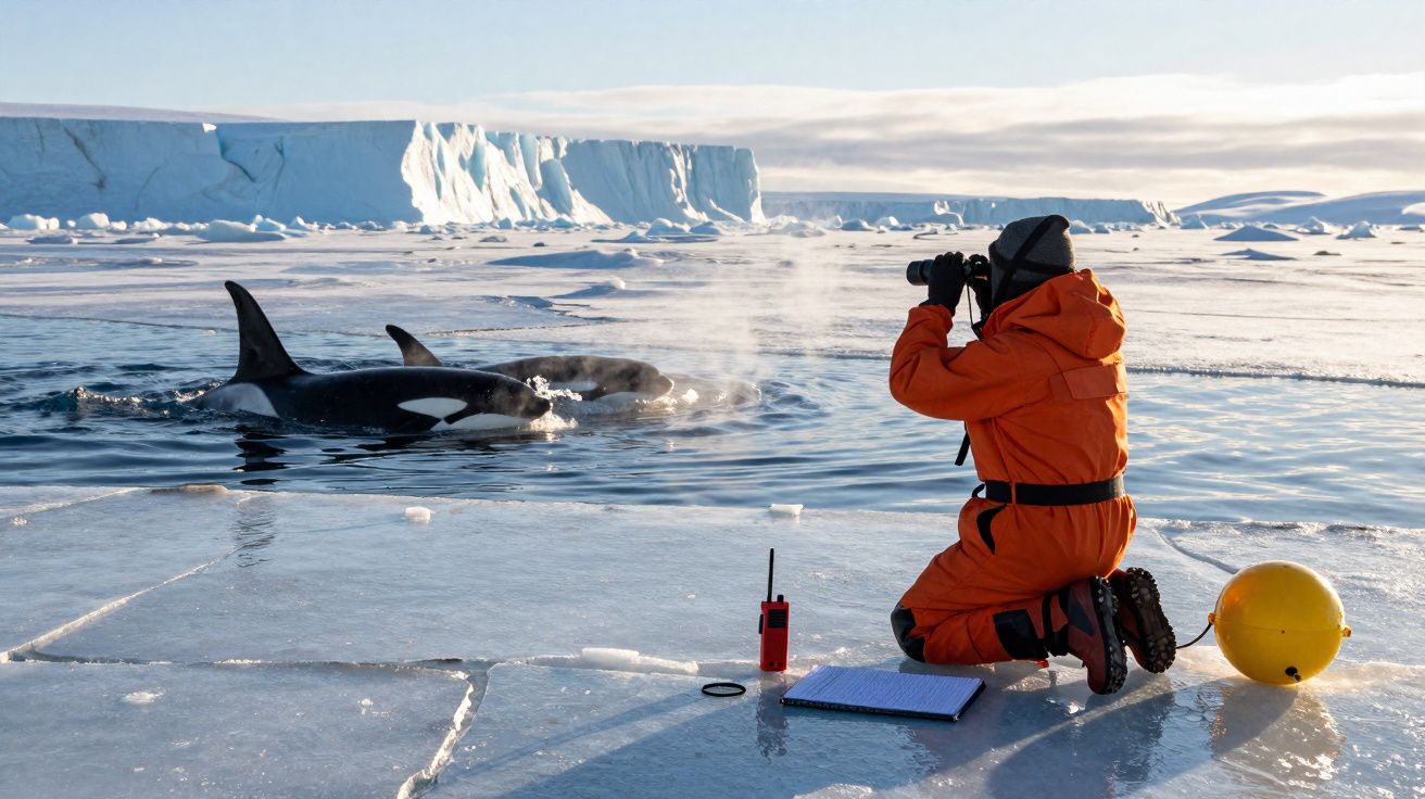 Pesquisador com fato térmico fotografa orcas numa paisagem gelada com icebergues e mar congelado.