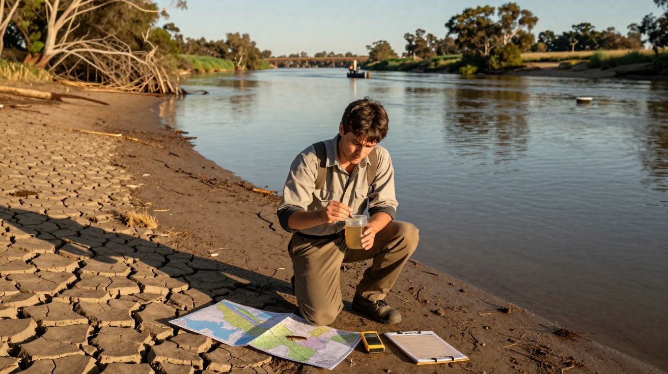 Homem a recolher amostras de água num rio com solo seco e mapas ao lado.