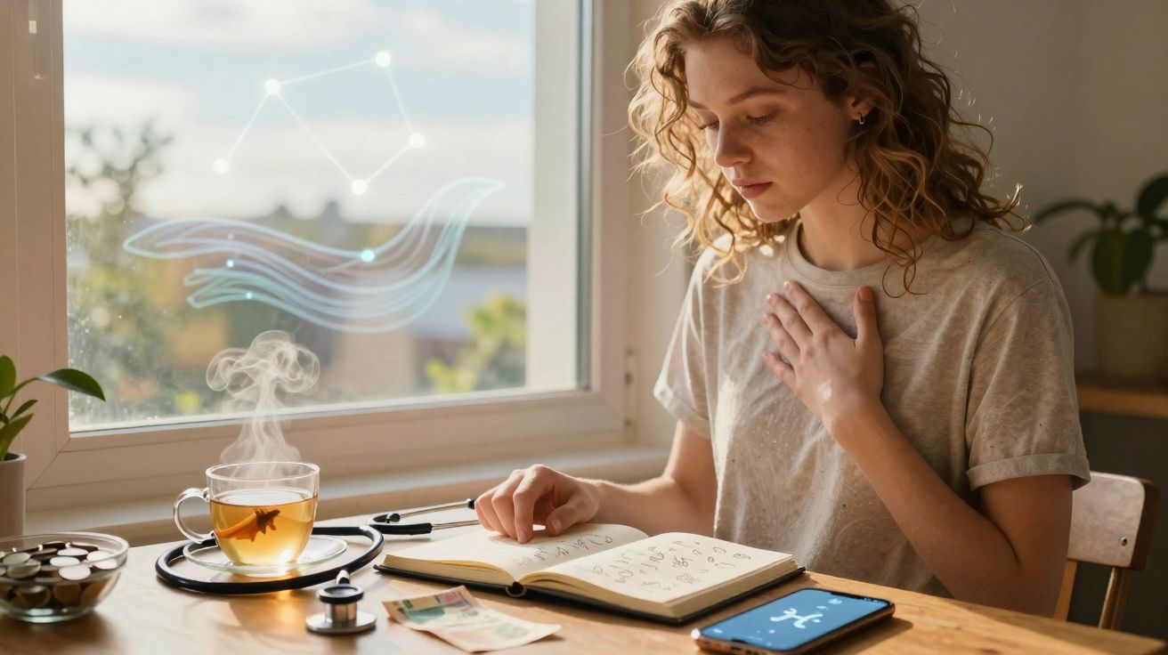 Mulher jovem a praticar exercícios de respiração junto a chá quente e dispositivos de medição de saúde na mesa.