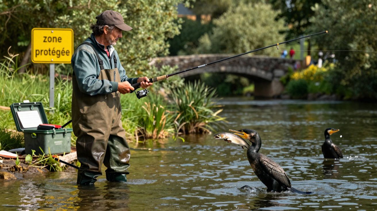 Homem pesca numa ribeira enquanto um cormorão segura um peixe na água.