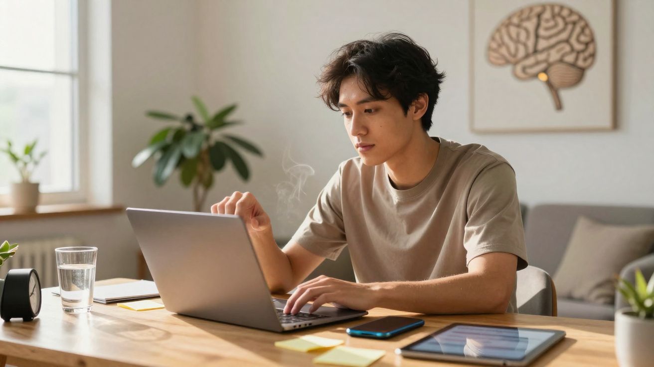 Jovem sentado a trabalhar num portátil numa mesa de madeira, rodeado de plantas e tecnologia.