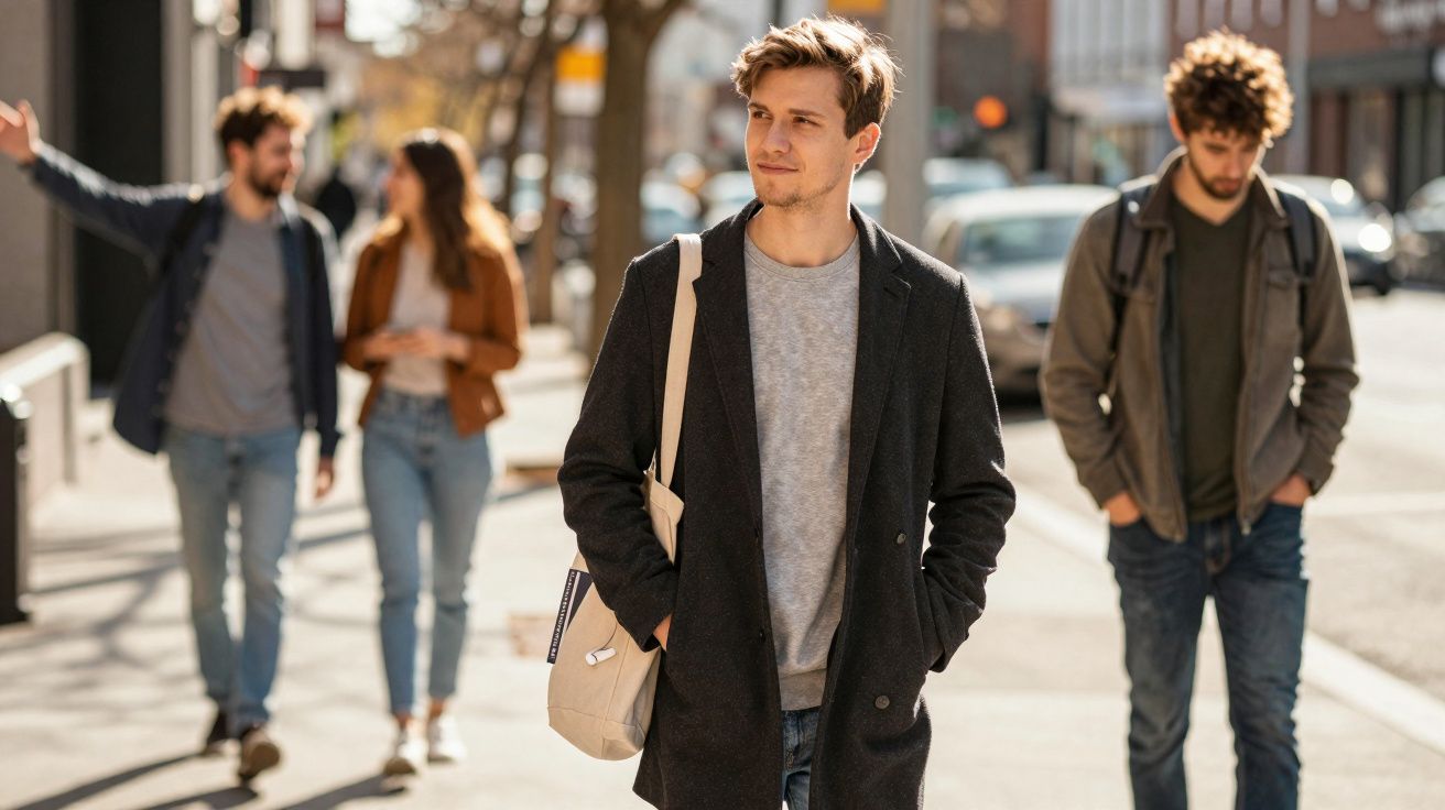 Quatro jovens a caminhar numa rua urbana ensolarada, com dois à frente e dois ao fundo em conversa.