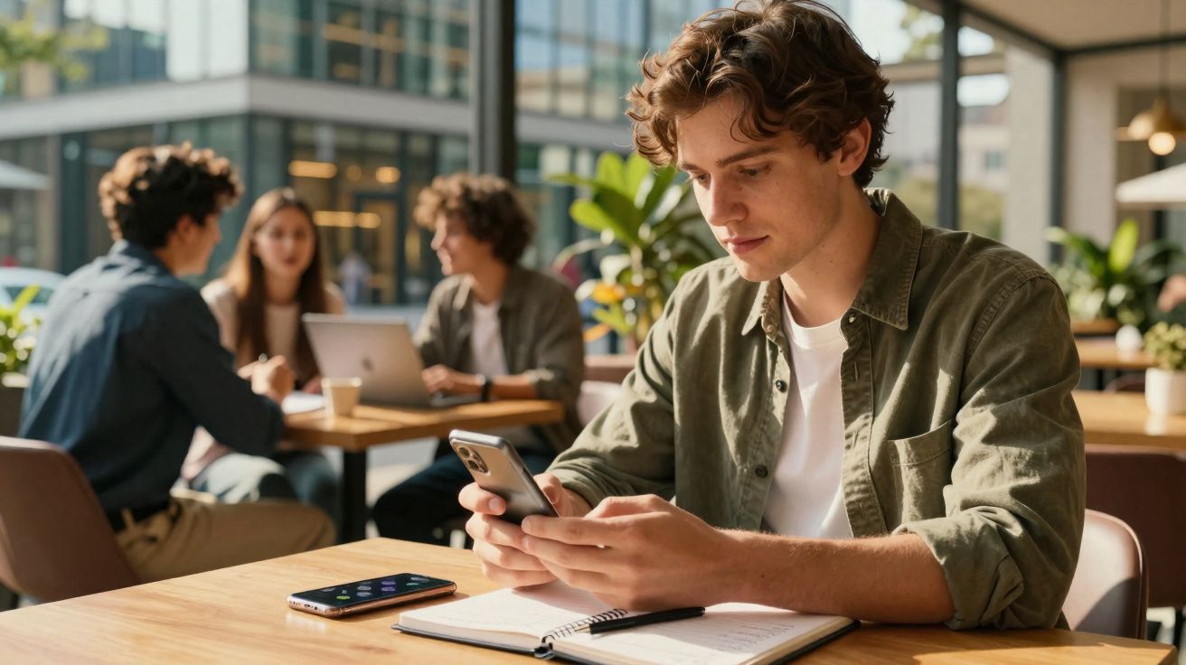 Jovem sentado a usar telemóvel numa mesa com caderno aberto, outras pessoas ao fundo num ambiente moderno.