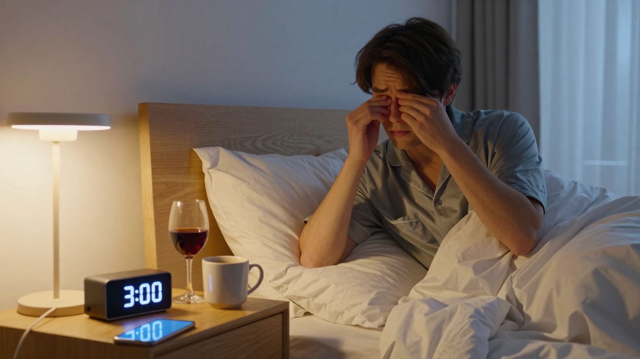 Homem sentado na cama às 3 da manhã, a esfregar os olhos, rodeado por copo de vinho e chá.