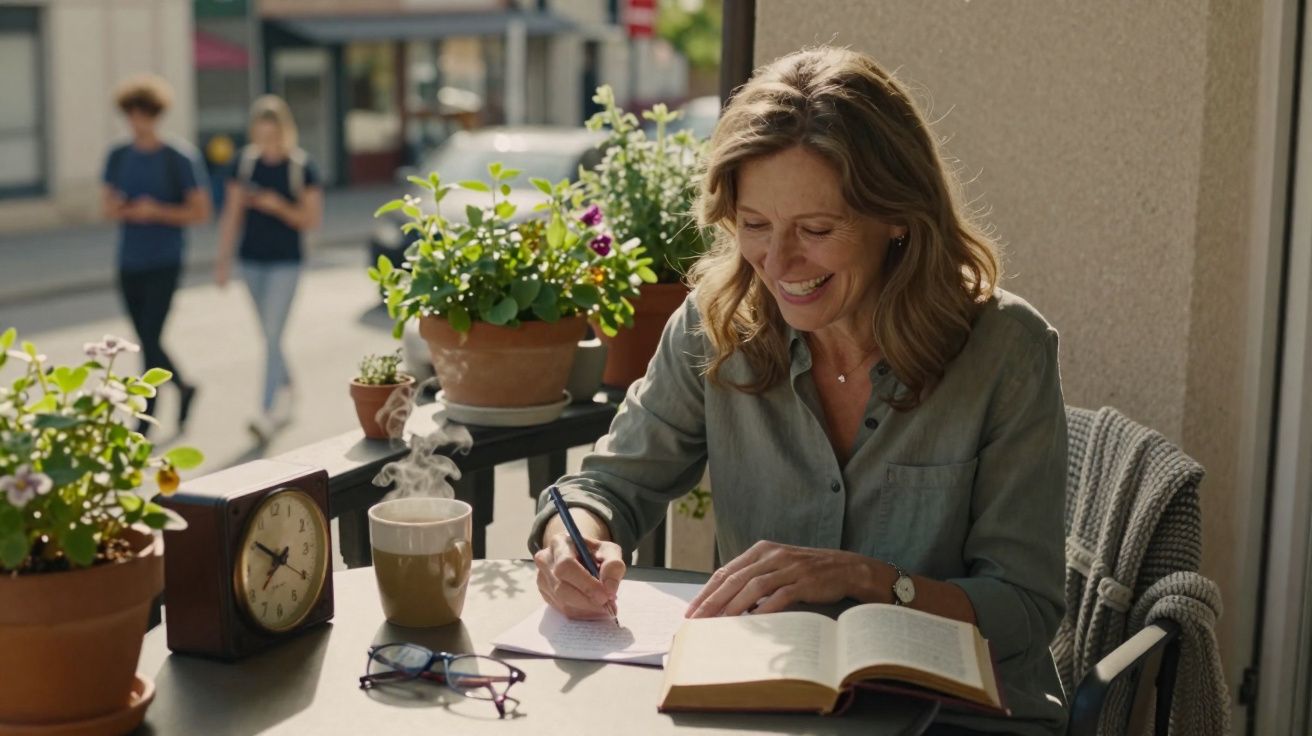 Mulher sorridente a escrever numa varanda com plantas, um relógio, café e um livro aberto à sua frente.