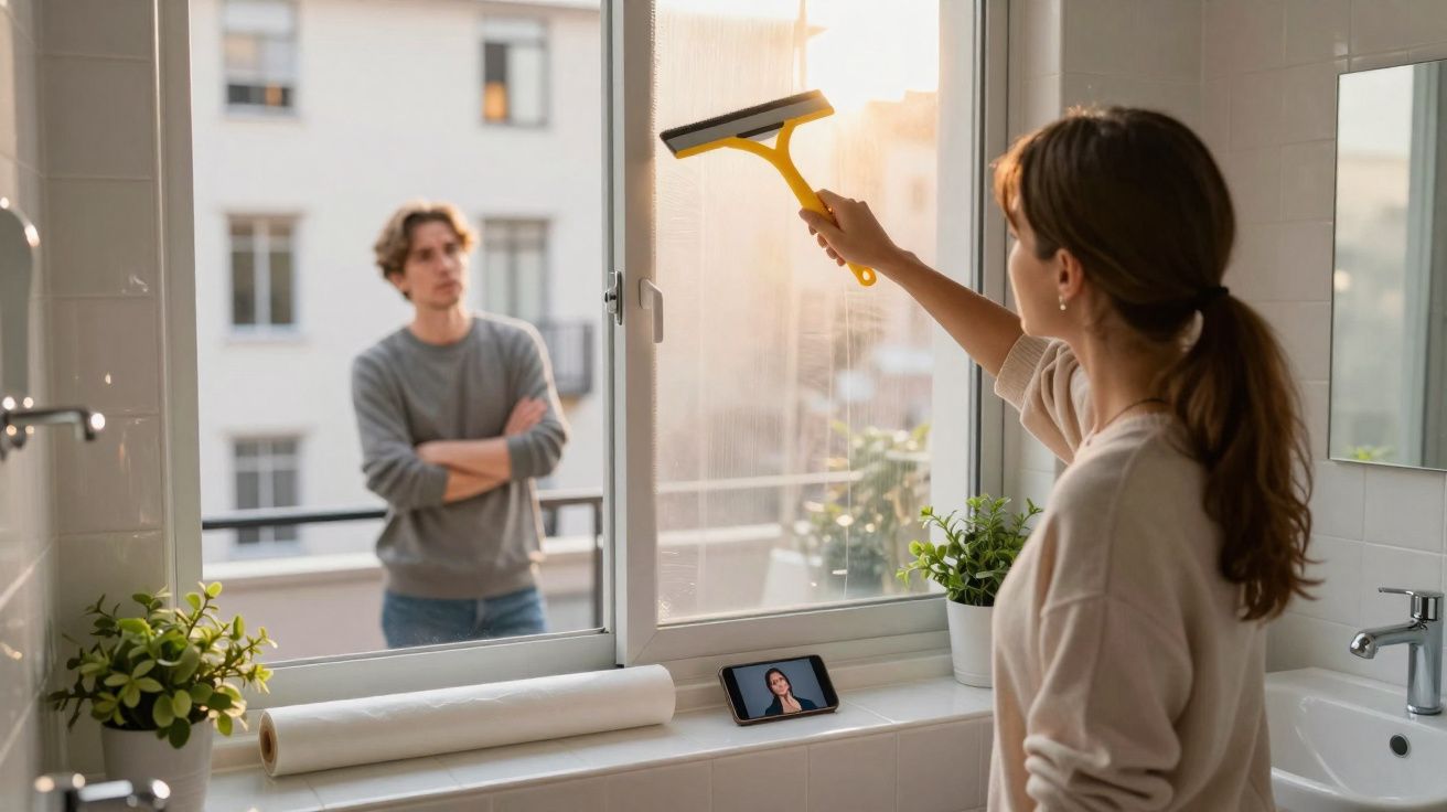 Mulher limpa a janela da casa enquanto comunica por vídeo com homem do lado de fora.