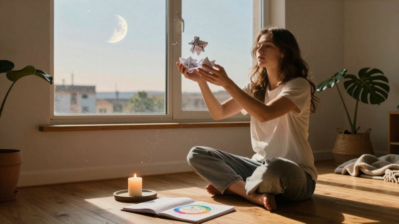 Mulher sentada no chão a segurar barcos de papel, com vela acesa e livro aberto, junto a janela com luar.