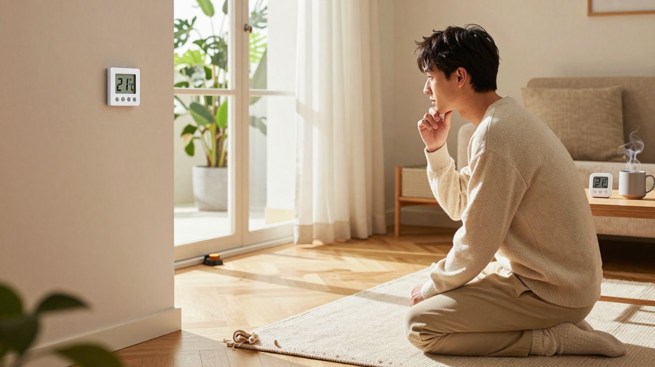 Homem sentado de joelhos numa sala clara a olhar para um termóstato digital na parede que indica 21ºC.