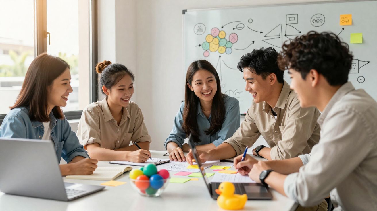 Grupo de jovens a colaborar num projeto, sentados em torno de uma mesa com laptop e notas adesivas.