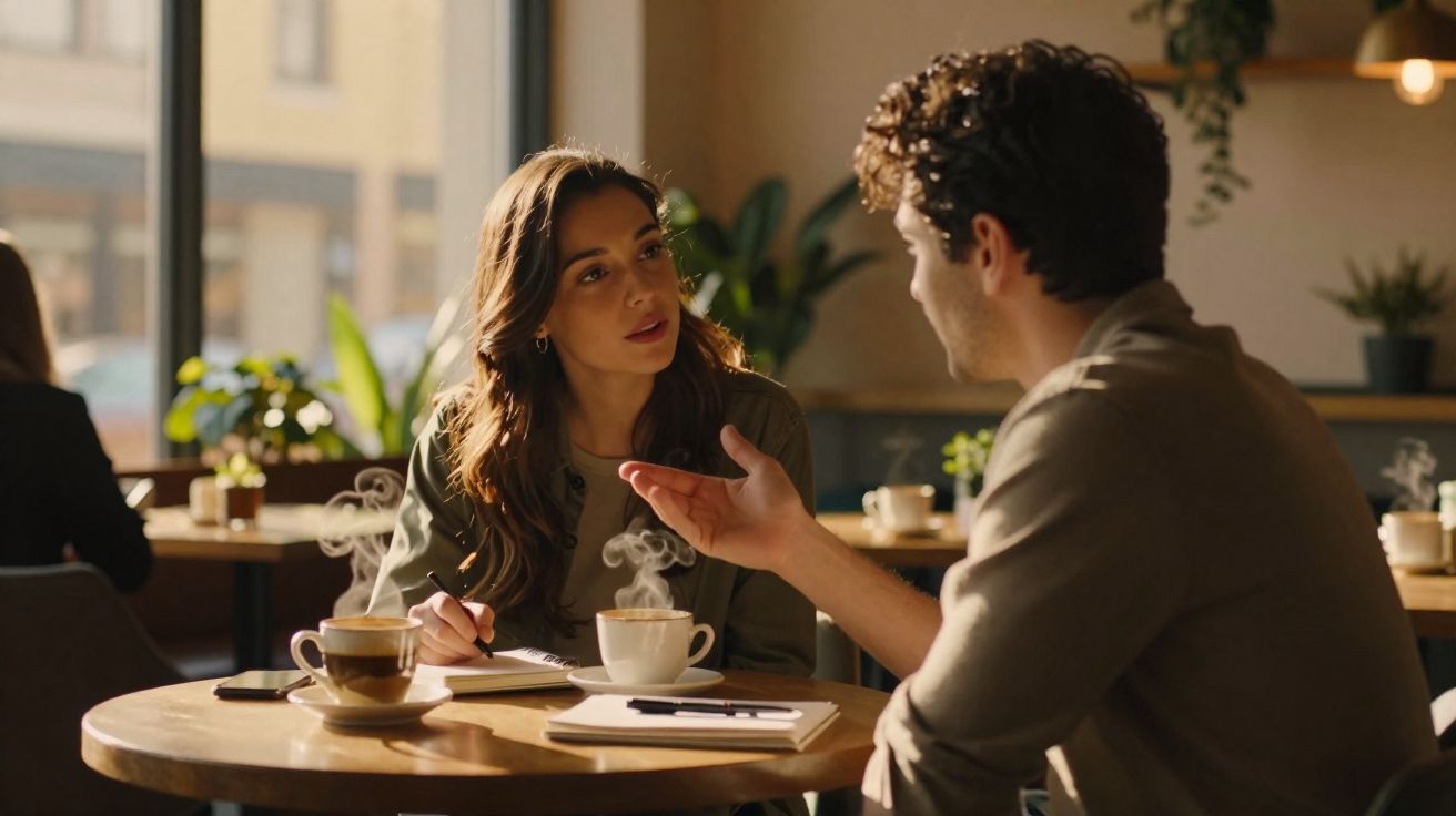 Duas pessoas conversam num café aconchegante, com chávenas de café fumegantes sobre a mesa.