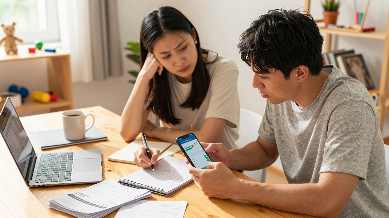 Casal jovem preocupado a analisar finanças em casa com documentos, laptop e telemóvel na mesa de madeira clara.