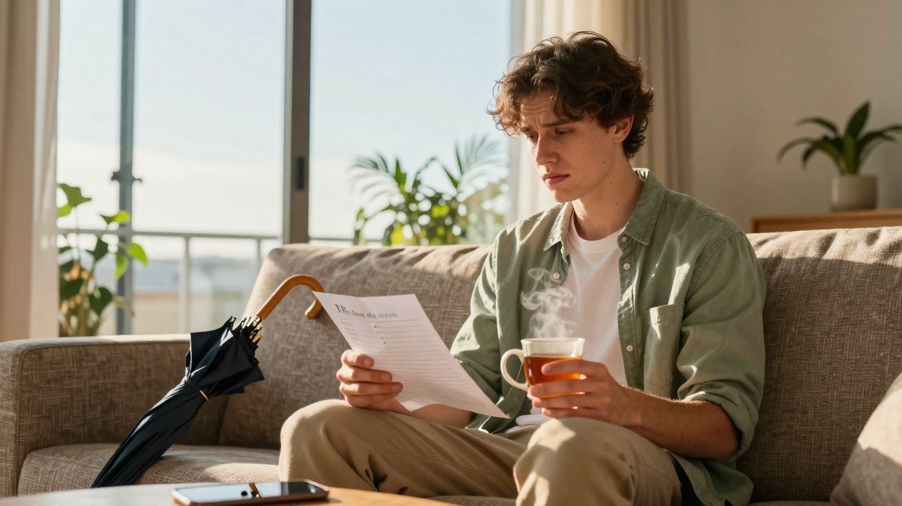 Jovem sentado no sofá a ler um documento com chá quente numa mão e um guarda-chuva ao lado.