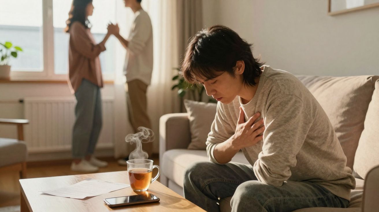 Pessoa sentada no sofá com dor no peito e casal ao fundo a discutir numa sala iluminada.