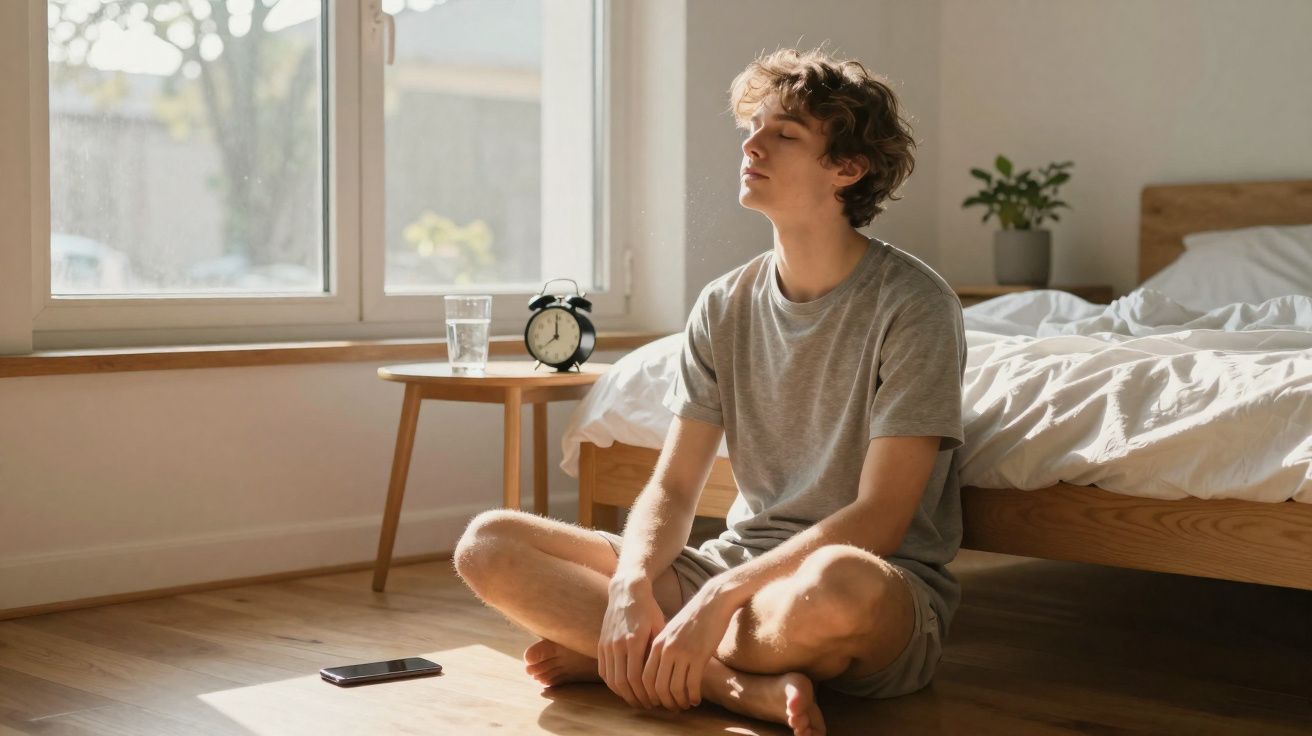 Jovem sentado no chão do quarto, de olhos fechados, a meditar à luz natural junto à cama e mesa de cabeceira.