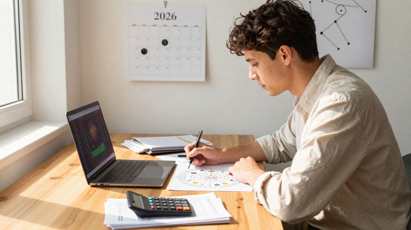 Jovem sentado numa mesa ao sol a desenhar mandala, com computador, calculadora e calendário de 2026 na parede.
